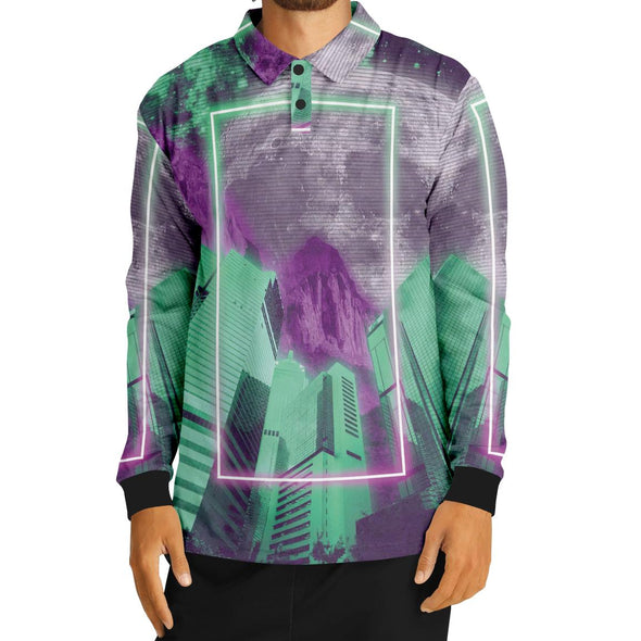 City of Radiance Long Sleeve Polo - Vaporwave Clothing - Aesthetic Clothing